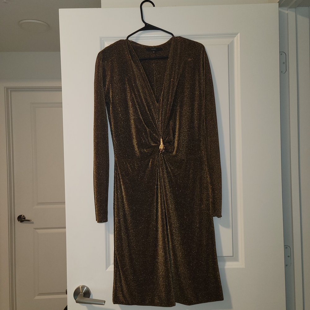 Gucci Gold Long Sleeve Sheath Dress with Plunge Neckline - Picture 3 of 7